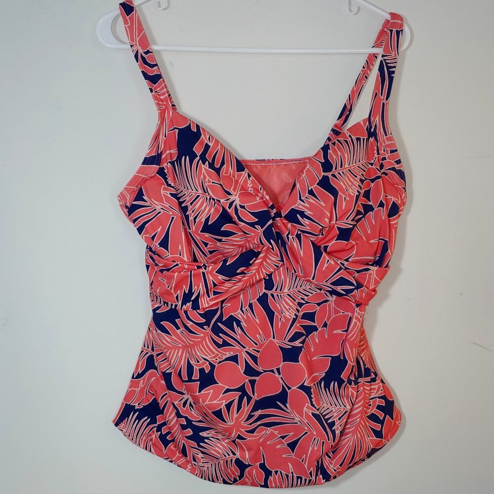 Lands' End Twist Front Underwire Tankini Swim Top Removable Pads Sz 14 Coral